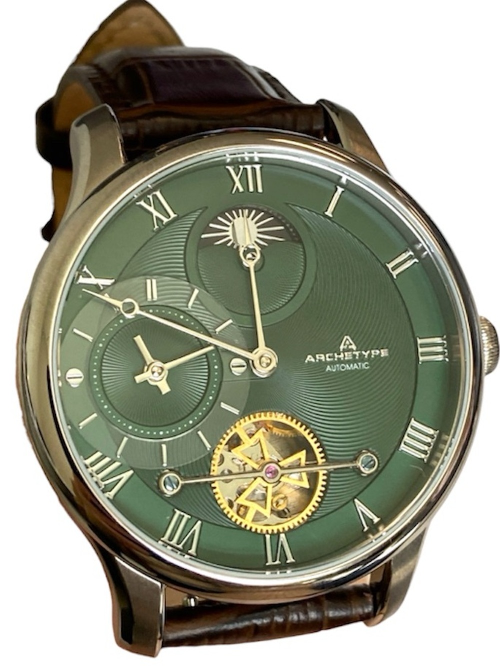 Automatic Men’s Green Dial Watch with Brown Leather Strap